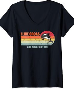 Womens Vintage Retro Striped I Like Orcas And Maybe Like 3 People V-Neck T-Shirt