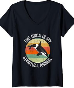 Womens The Orca Is My Spirit Animal Shirt Retro Sunset Orca V-Neck T-Shirt