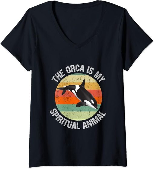 Womens The Orca Is My Spirit Animal Shirt Retro Sunset Orca V-Neck T-Shirt